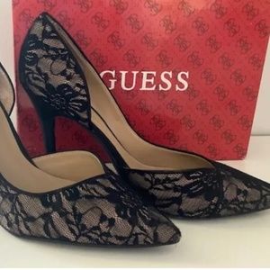 Black Pumps pointed toe lace-covered GUESS Shoes  size 8 M SEXY!